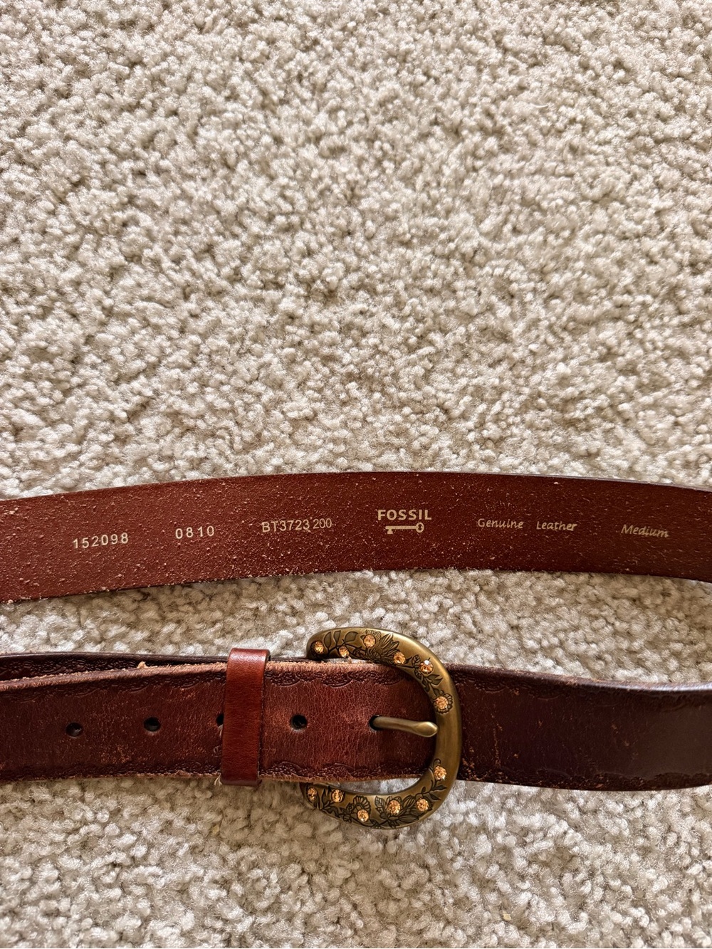Fossil Women's Dark Brown Leather Belt with Decorative Brass Buckle